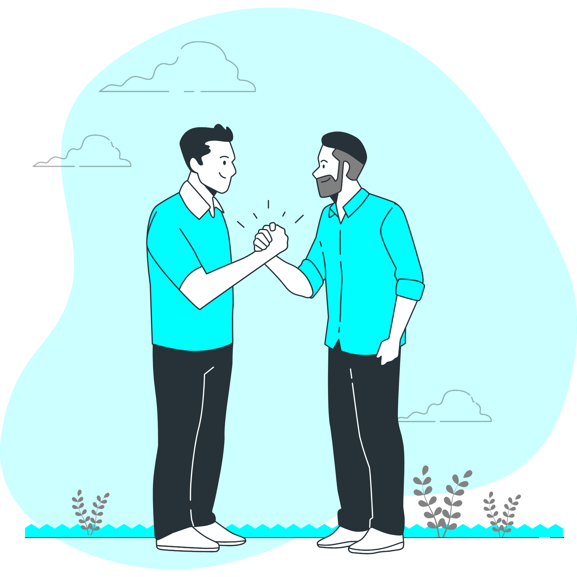 IMage whowing tow individuals shaking hands like a developer and tester as friends