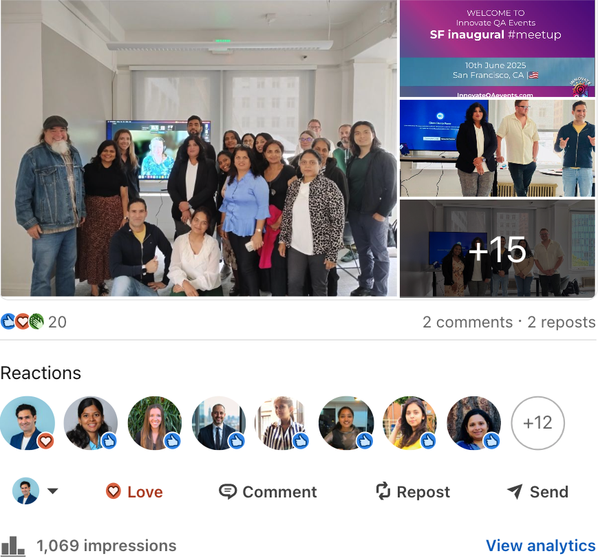 Millan inaugurated Innovate QA meetup in San Francisco, California in USA in June 2025