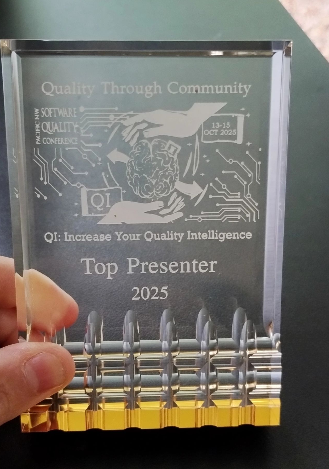 Photos of winning announcement of Best Presenter 2025 for PNSQC conference in Portland, Oregon, United States of America in October 2024