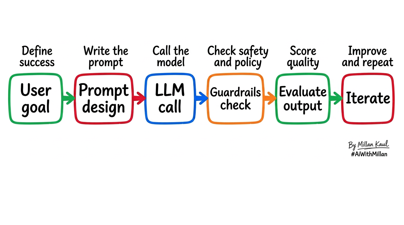 User goal → Prompt design → LLM call → Guardrails check → Evaluate output → Iterate