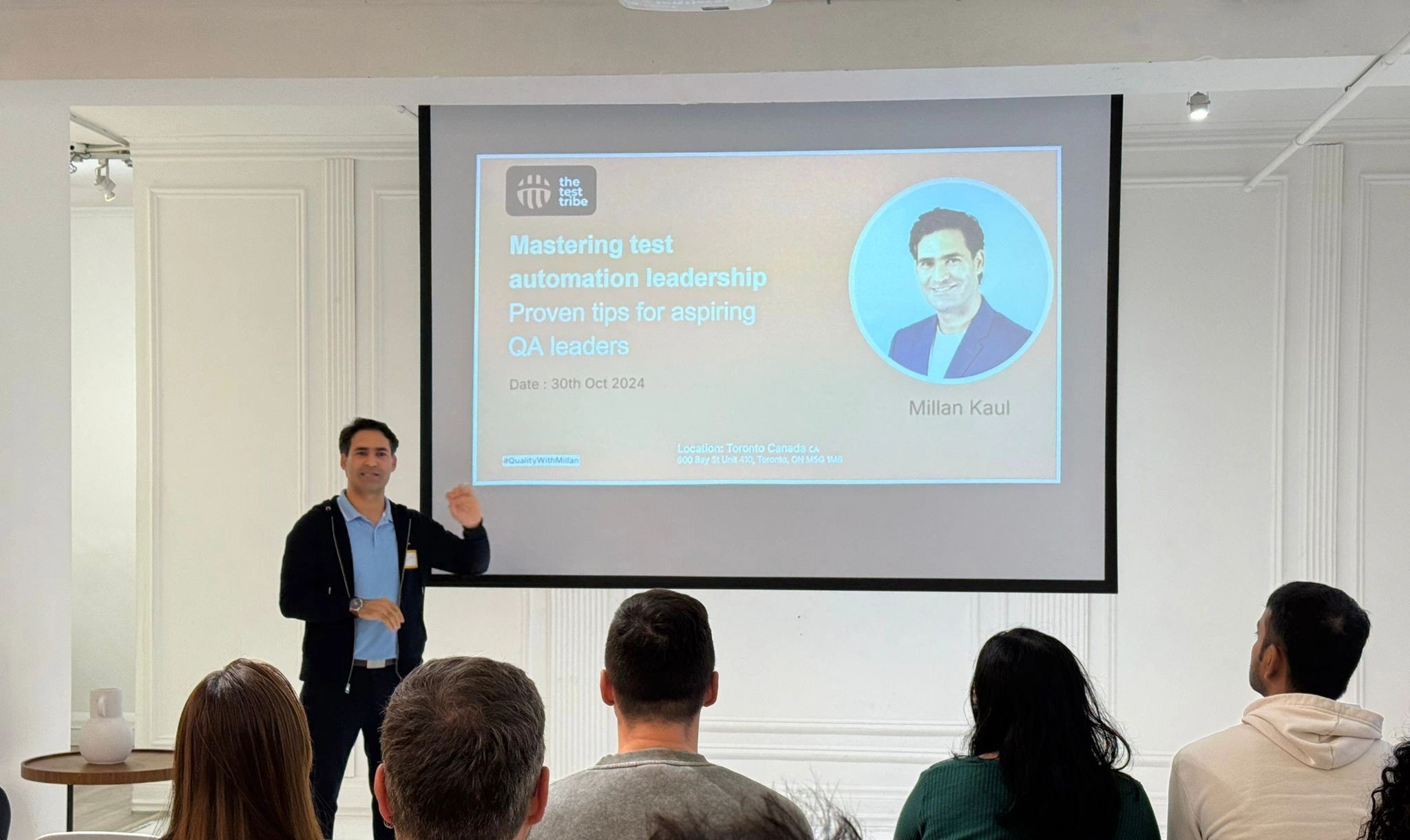 Millan Kaul speaking at The Test Tribe's inaugural meetup - Toronto Canada