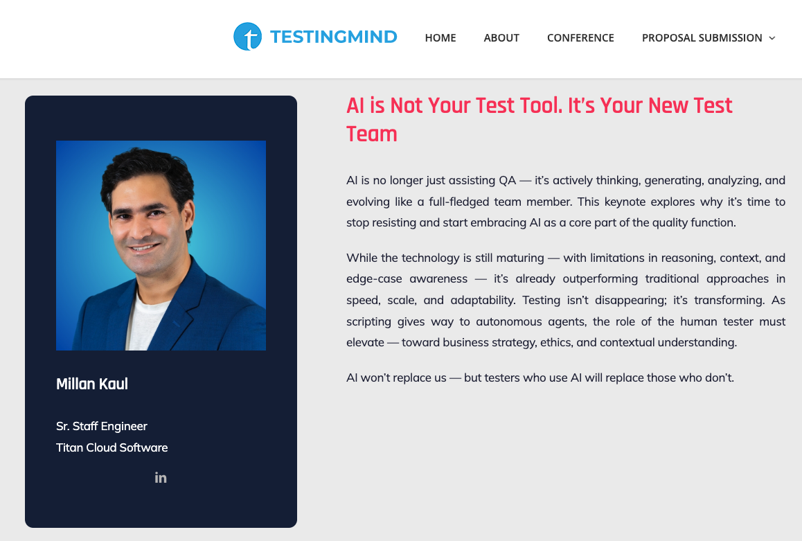 Millan delivering Keynot at Testingminds's 2025 Cnada conference in Vancouver Canada